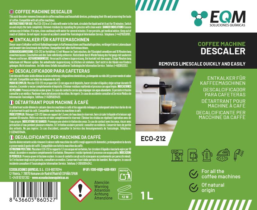 EQM SOLUCIONES QUIMICAS ECO-212 Coffee Machine Descaler - 1L | 100% Natural Origin | Liquid 8