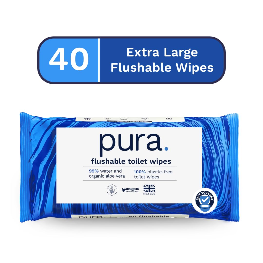 Pura Flushable Moist Toilet Tissue Wipes - 40 Count Pack, 100% Plastic Free