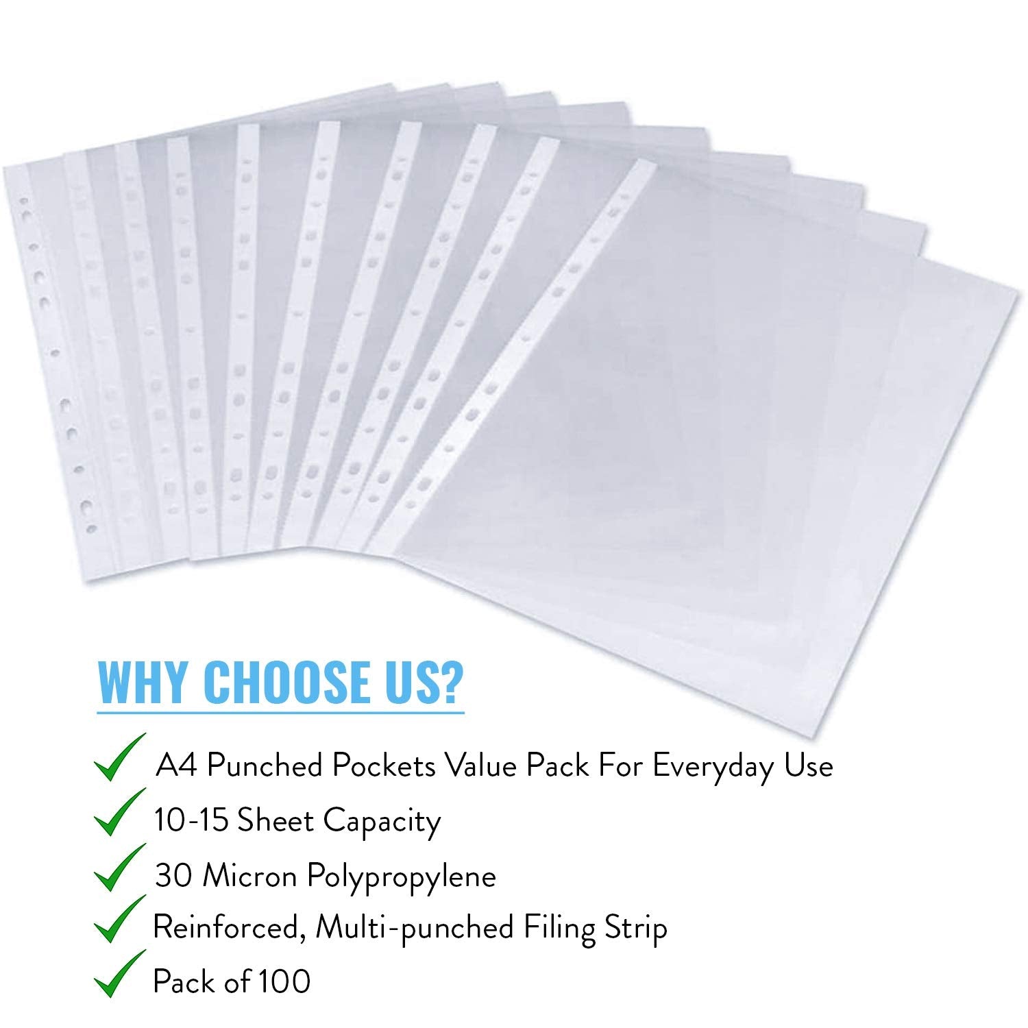 G4GADGET A4 Punched File Pockets - 50 Pack, 30 Micron, 15 Sheet Capacity, Green | Reinforced Strip 7