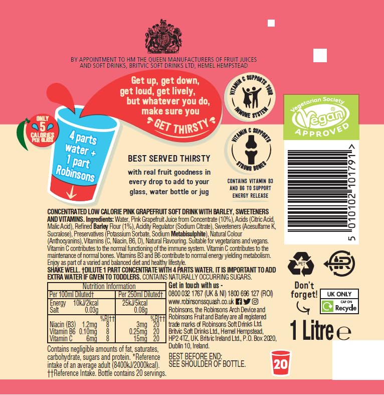 Robinsons Fruit and Barley - Real Fruit Squash, Low Calorie - Pink Grapefruit 7