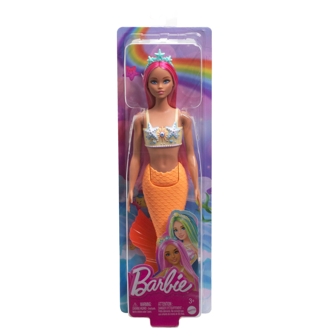 Barbie Mermaid Doll with Pink Fantasy Hair and Headband Accessory, Toy with Starfish-Inspired Bodice and Soft Orange Tail, HRR05