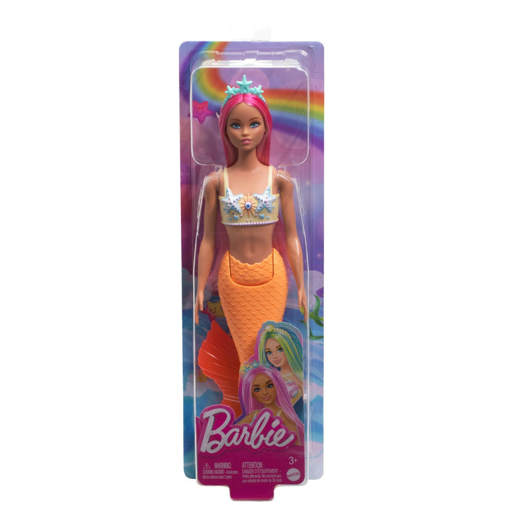 Barbie Mermaid Doll with Pink Fantasy Hair and Headband Accessory, Toy with Starfish-Inspired Bodice and Soft Orange Tail, HRR05