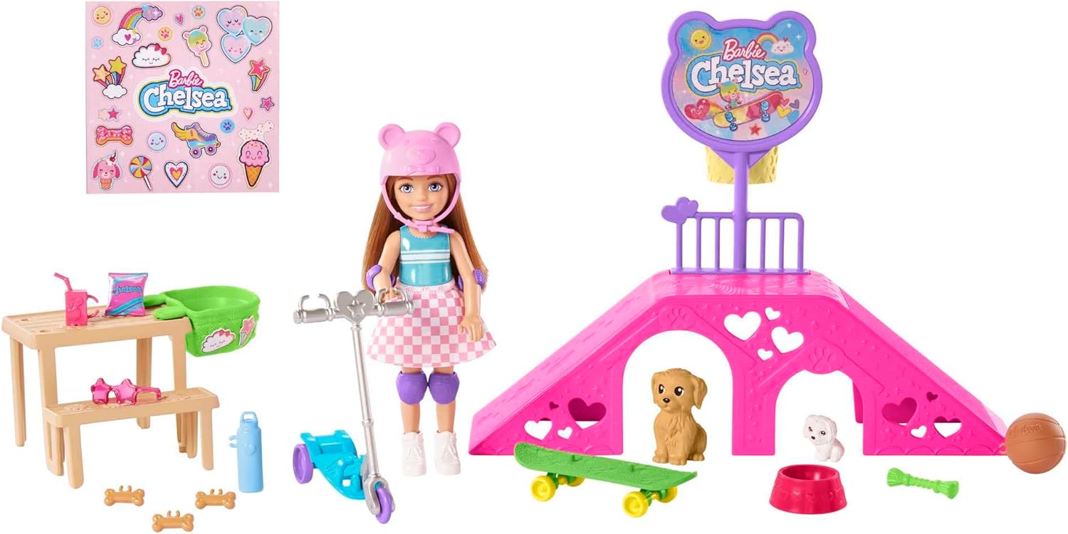 Barbie Chelsea Doll Skatepark Playset with 2 Puppies, Scooter & Skateboard - Ages 3+