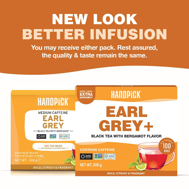 HANDPICK Earl Grey Black Tea Bags (100 Count) - 100% Pure Assam Tea with Bergamot Extract, Citrus Flavor, Brew Hot or Iced