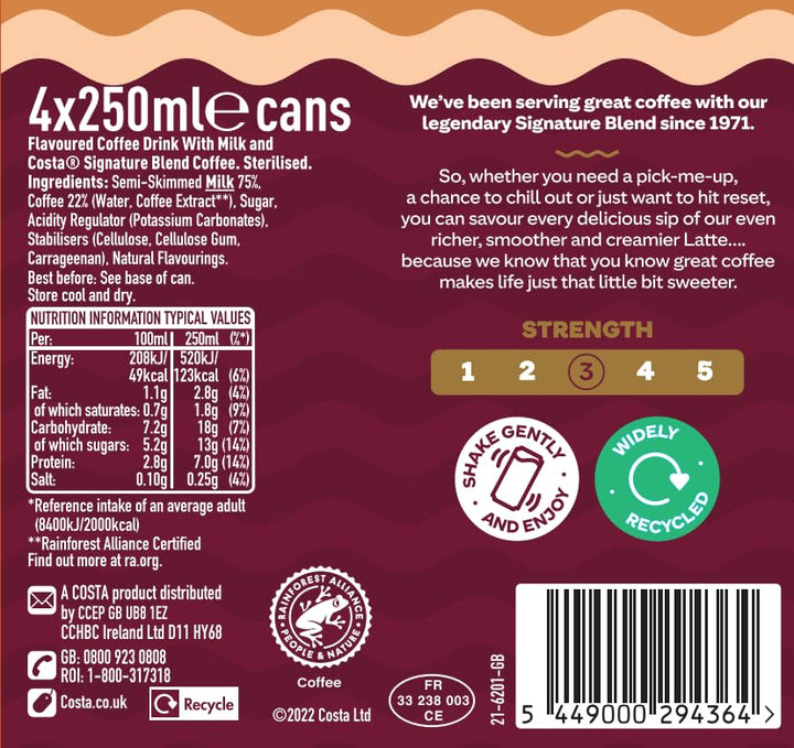 Costa Coffee Latte 4 x 250 ml - Creamy Ready-to-Drink Coffee with Mocha Italia Blend