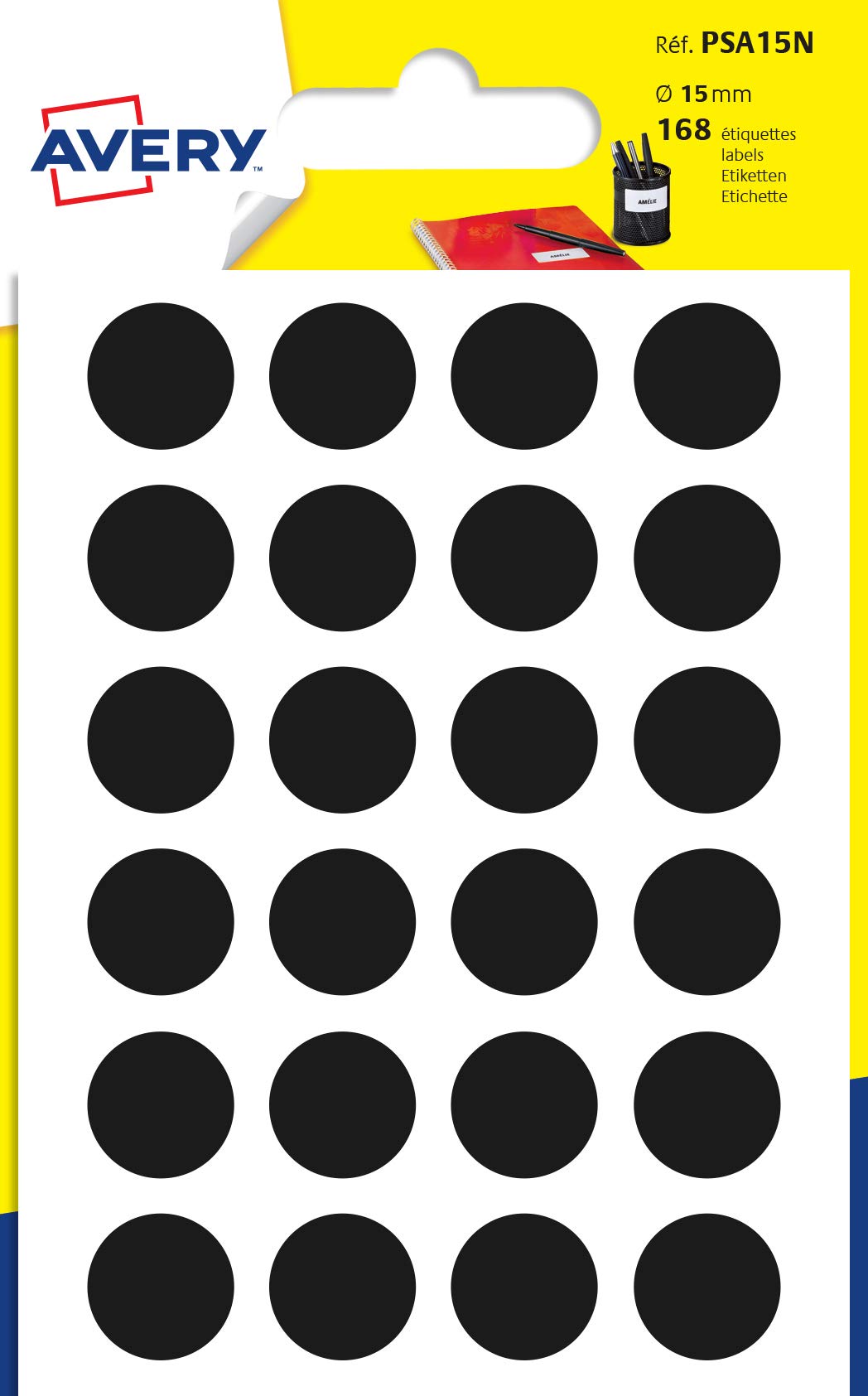 AVERY Colour-Coding Labels - 168 Black Small Round Dot Stickers | 15mm Diameter | Paper