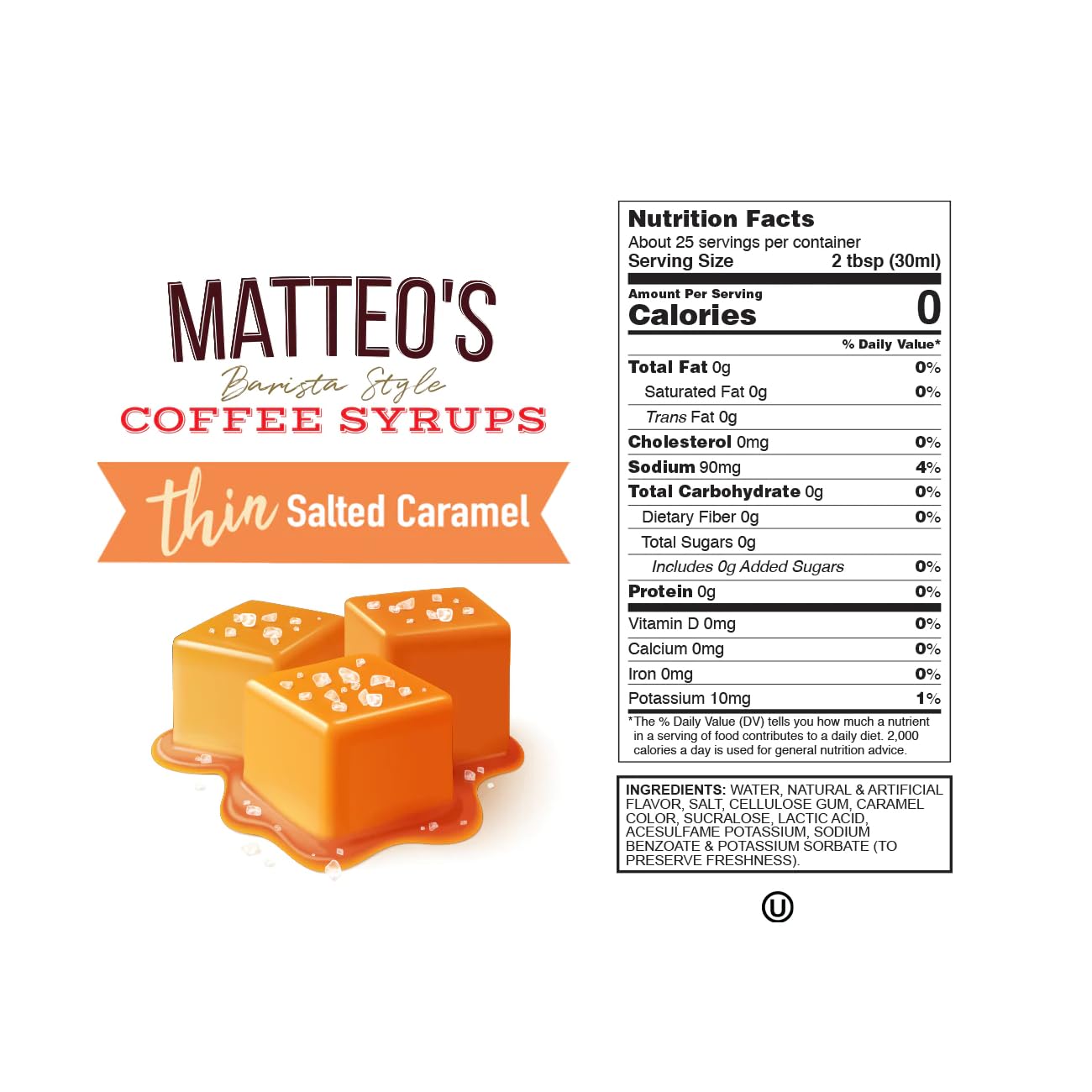 Matteo's Sugar Free Coffee Flavoring Syrup - Salted Caramel | 0 Calorie, Keto Friendly | 750 ml