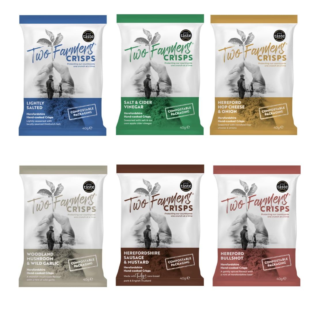 Two Farmers Mixed Selection Crisps Box - Lightly Salted, Salt & Cider Vinegar, Herefordshire Hop Cheese & Onion, Hereford Bullshot, Sausage & Mustard, Woodland Mushroom & Wild Garlic 1