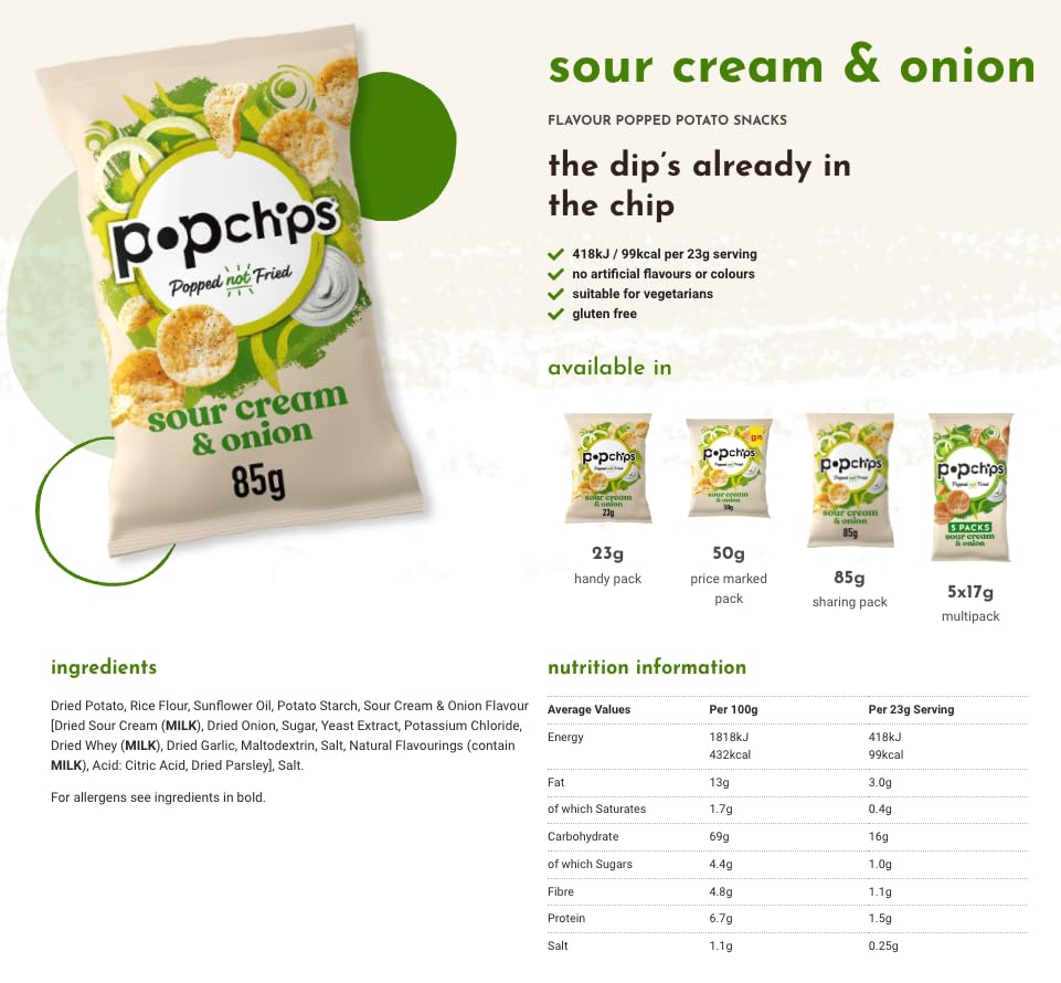 Popchips Sour Cream & Onion Multipack - Light & Crunchy Popped Snacks
