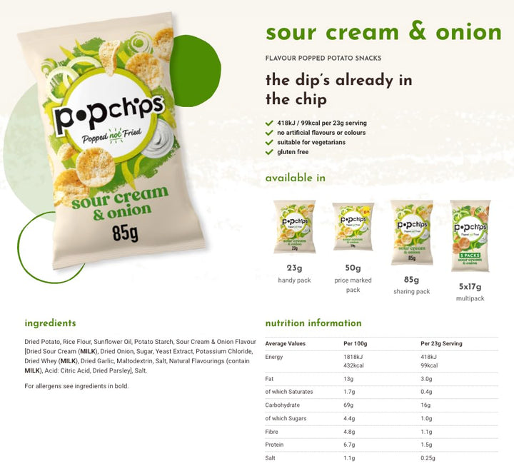 Popchips Sour Cream & Onion Multipack - Light & Crunchy Popped Snacks