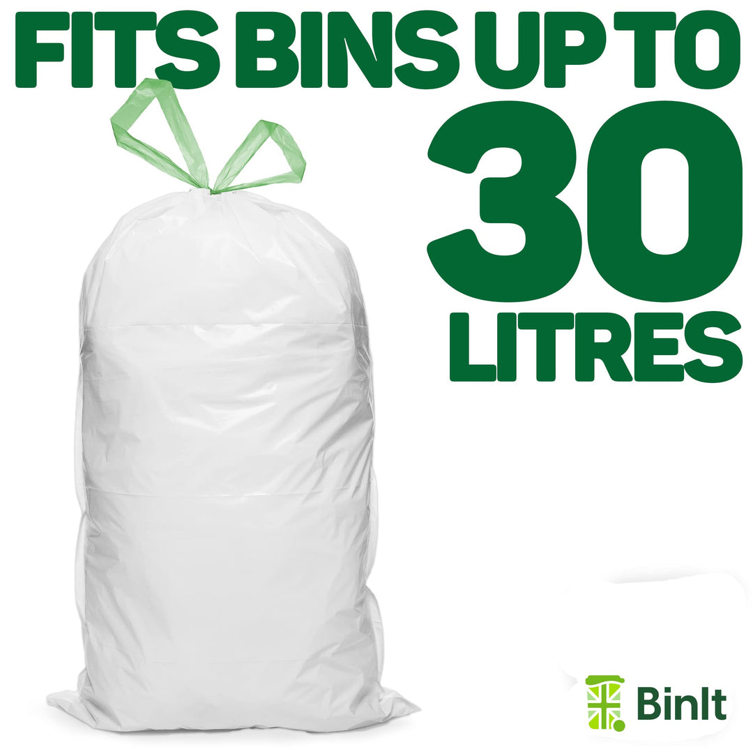 BIN IT 40 White Drawstring 30L Recycled Strong & Secure Refuse Sacks