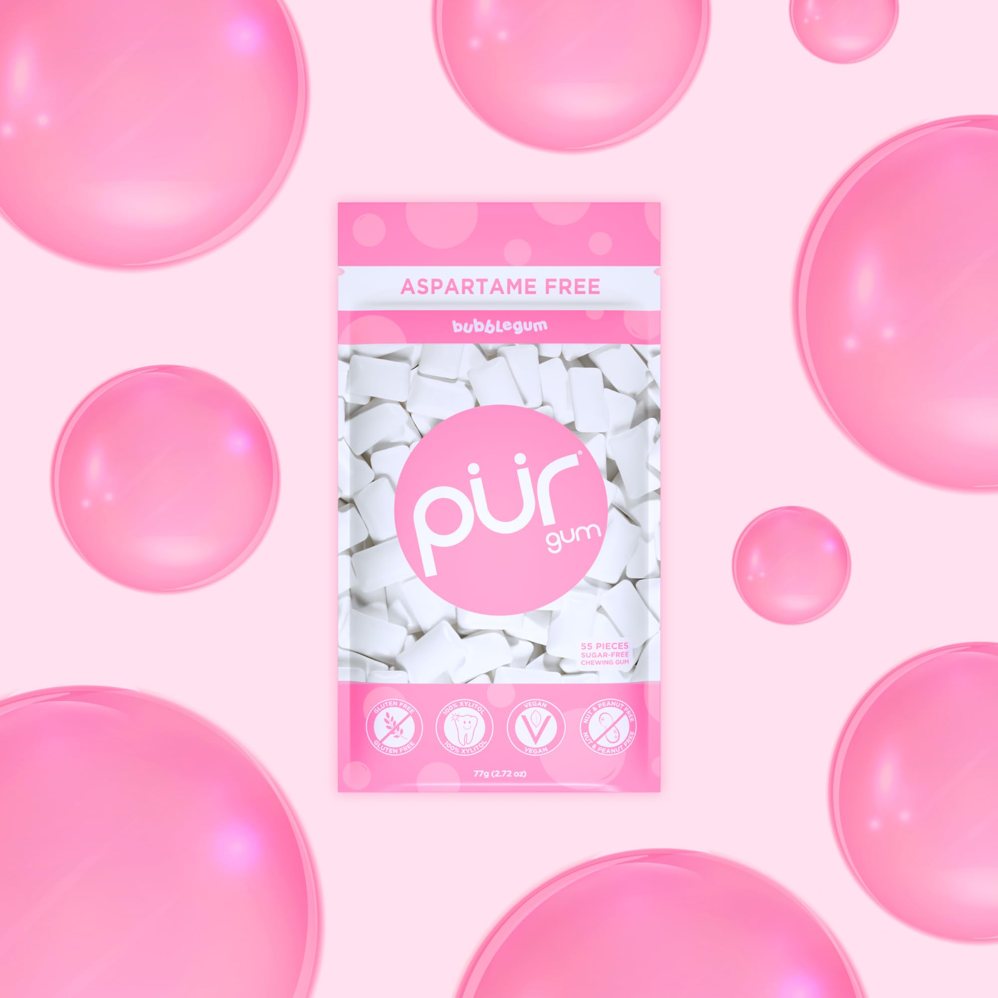 PUR - Natural Bubblegum Flavoured Sugar Free Chewing Gum (55 Pieces, Resealable Pack) 4
