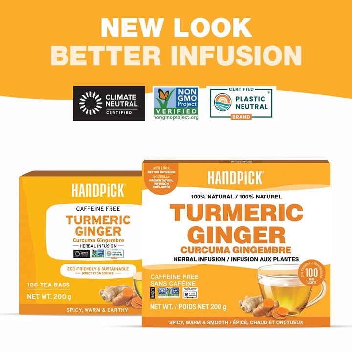 HANDPICK - Turmeric Ginger Tea Bags (100 Herbal Tea Bags) Caffeine Free, Non-GMO, Eco-Conscious Packaging