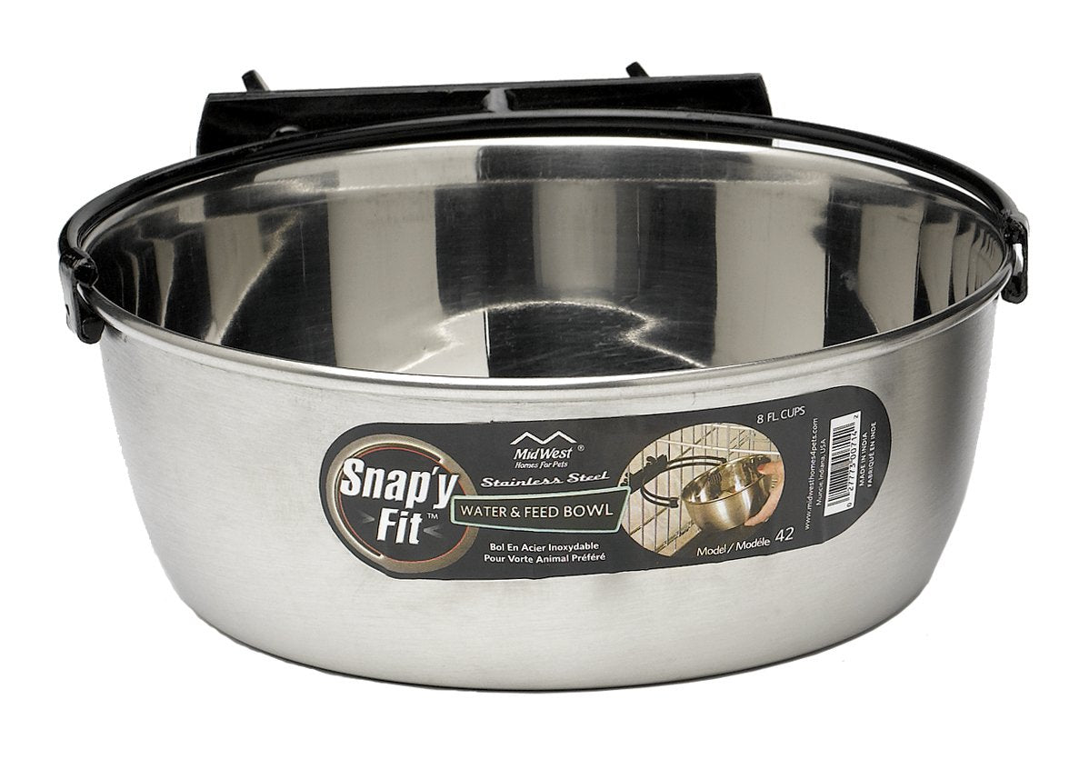 MidWest Homes for Pets Snap'y Fit Stainless Steel Crate Bowl - 2L Capacity | Rust Resistant | Dishwasher Safe