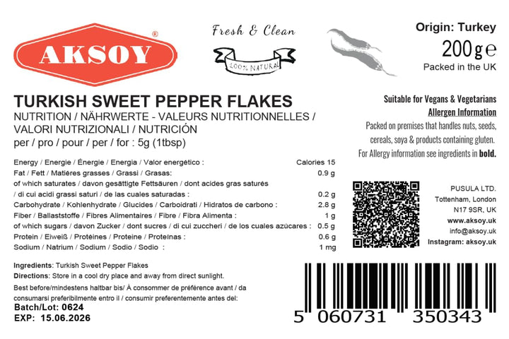 Aksoy Premium Turkish Sweet Red Pepper Flakes 200g - Mild & Sweet Flavor, Resealable Pack