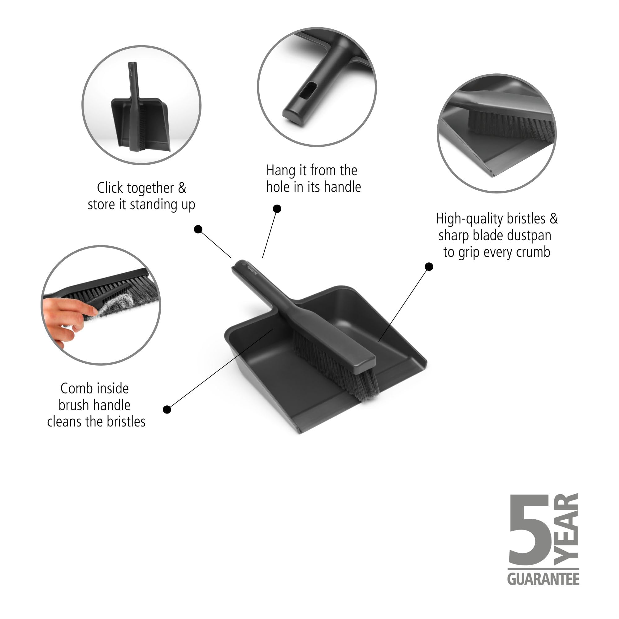 Brabantia SinkSide Dustpan and Brush Set - Space-Efficient Storage | High Rim Dustpan | Bristle Comb 4