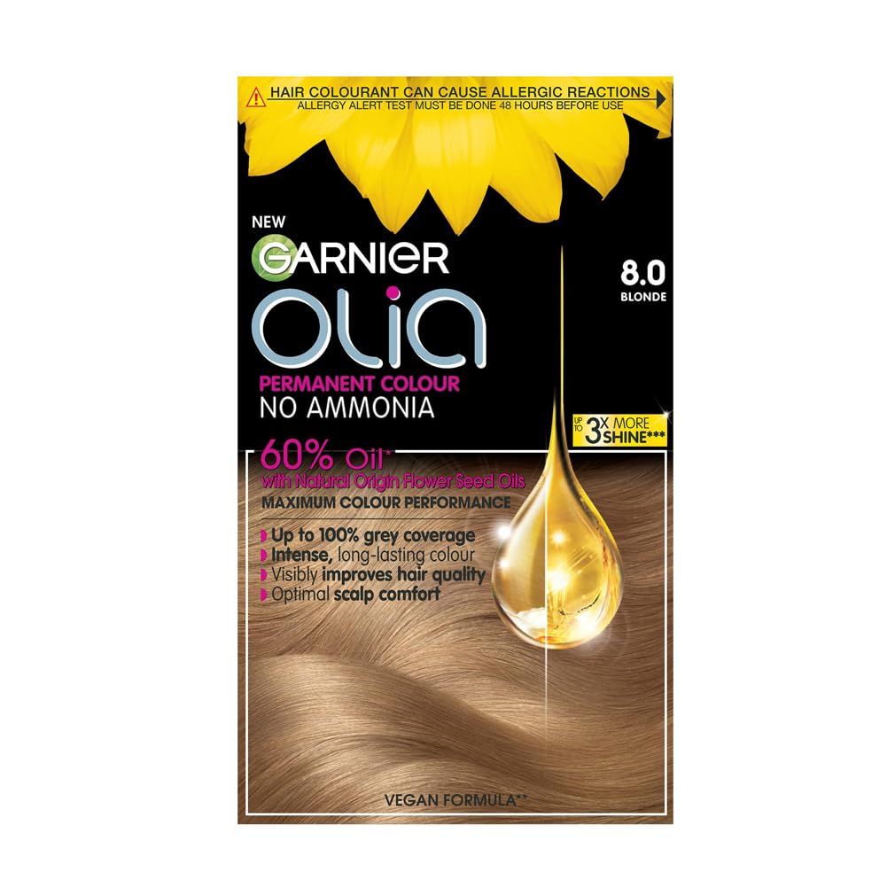 Garnier Olia 8.0 Blonde Permanent Hair Dye - 60% Oil Powered Formula, No Ammonia, Up to 100% Grey Coverage 1