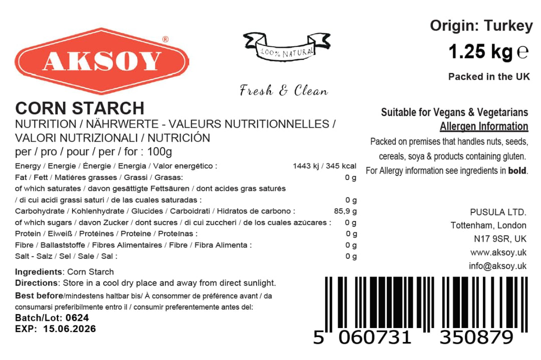 AKSOY 100% Pure Corn Starch | 1.25 KG Resealable Pouch | Non-GMO, Vegan Thickener for Gravy, Sauces, Baking & Puddings