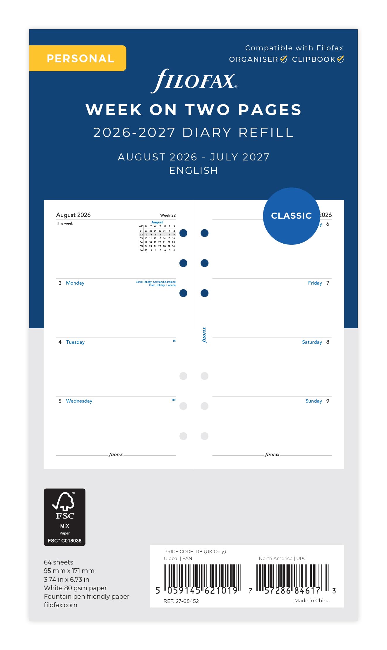 Filofax Personal Organiser Diary Refill - Week on Two Pages | August 2026 - July 2027 | 95mm x 171mm