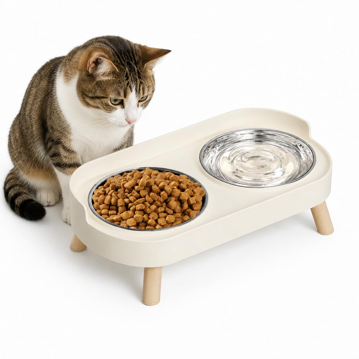 JADUFHU Raised Cat Food Bowls - Dual Stainless Steel Bowls, Splash Proof Design | White 1
