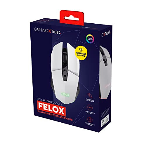 Trust GXT 110W Felox Rechargeable Wireless Gaming Mouse – 80h Battery, 800-4800 DPI, RGB Lighting, 6 Buttons, White 24
