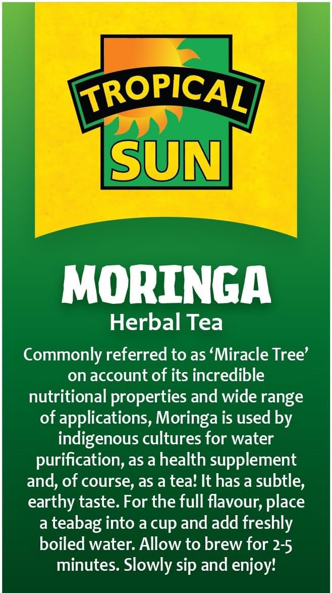 Tropical Sun Moringa Tea, 100% Dried Moringa Oleifera Leaves, Caffeine-Free Herbal Tea, 1 Box of 20 Tea Bags