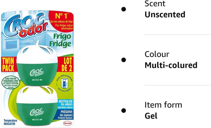 Croc Odor - Fridge Deodoriser Twin Pack, Unscented, Food Safe Formula with Natural Seaweed Extract