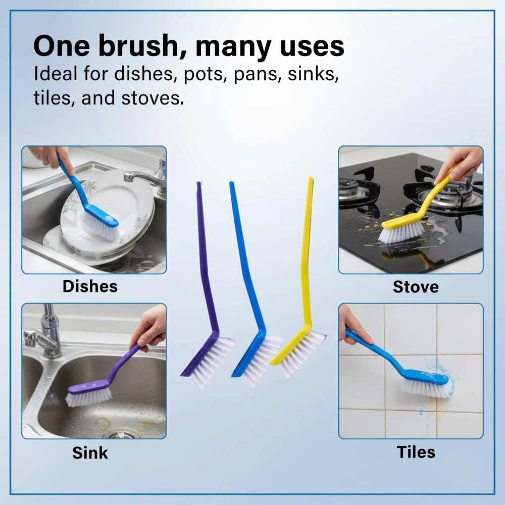 Vivo Technologies - Washing Up Brushes Pack of 3 | Non-Slip Grip with Built-In Scraper for Kitchen Cleaning 14