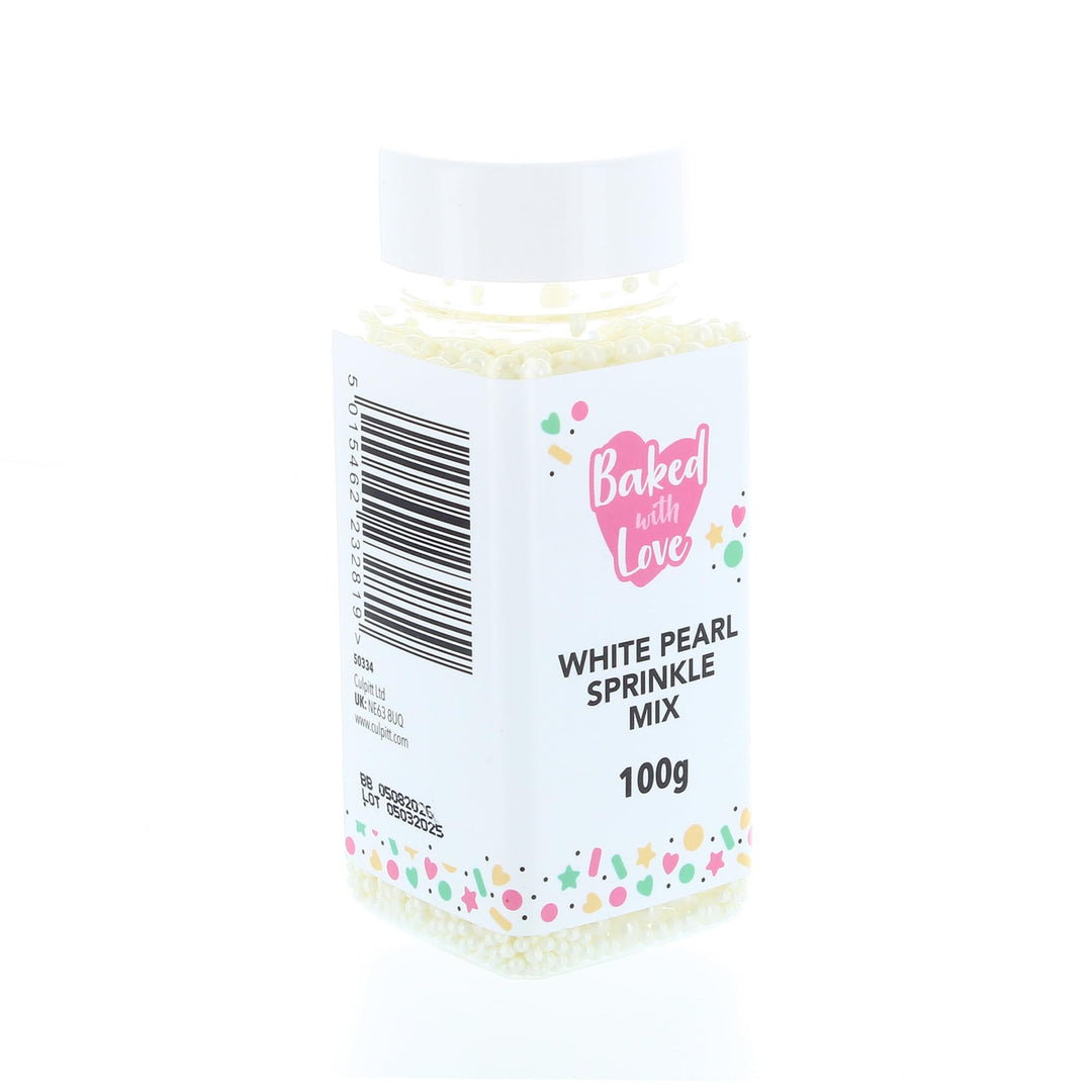 Baked with Love - White Pearl Sprinkles Mix | 100g Resealable Bottle | Mother of Pearl Sugar Balls for Cakes & Cupcakes
