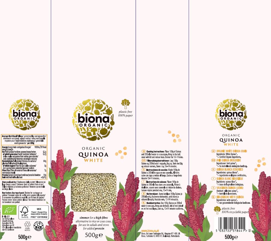 Biona Organic White Quinoa - Certified Organic | Wheat Free | 500g