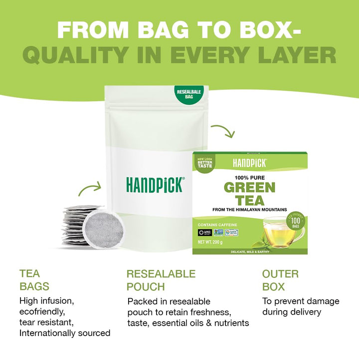 HANDPICK Green Tea Bags - 100% Pure Green Tea, 100 Bags, No Adhesive, No Bleach, Gluten Free