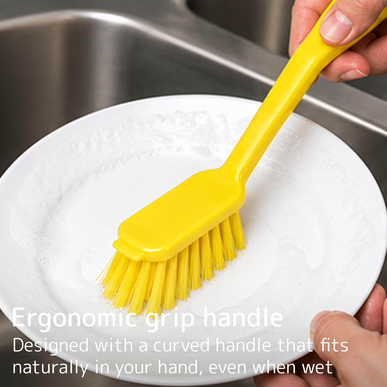 ABENA Yellow Dishwashing Brush - 27cm Long Handle | Stiff Nylon Bristle | Built-In Scraper 3
