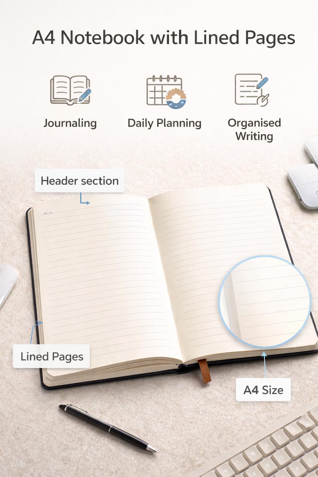 1ABOVE A4 Soft Feel Notebook - Hardback Journal, Lined Pages, Elastic Closure | Black 3