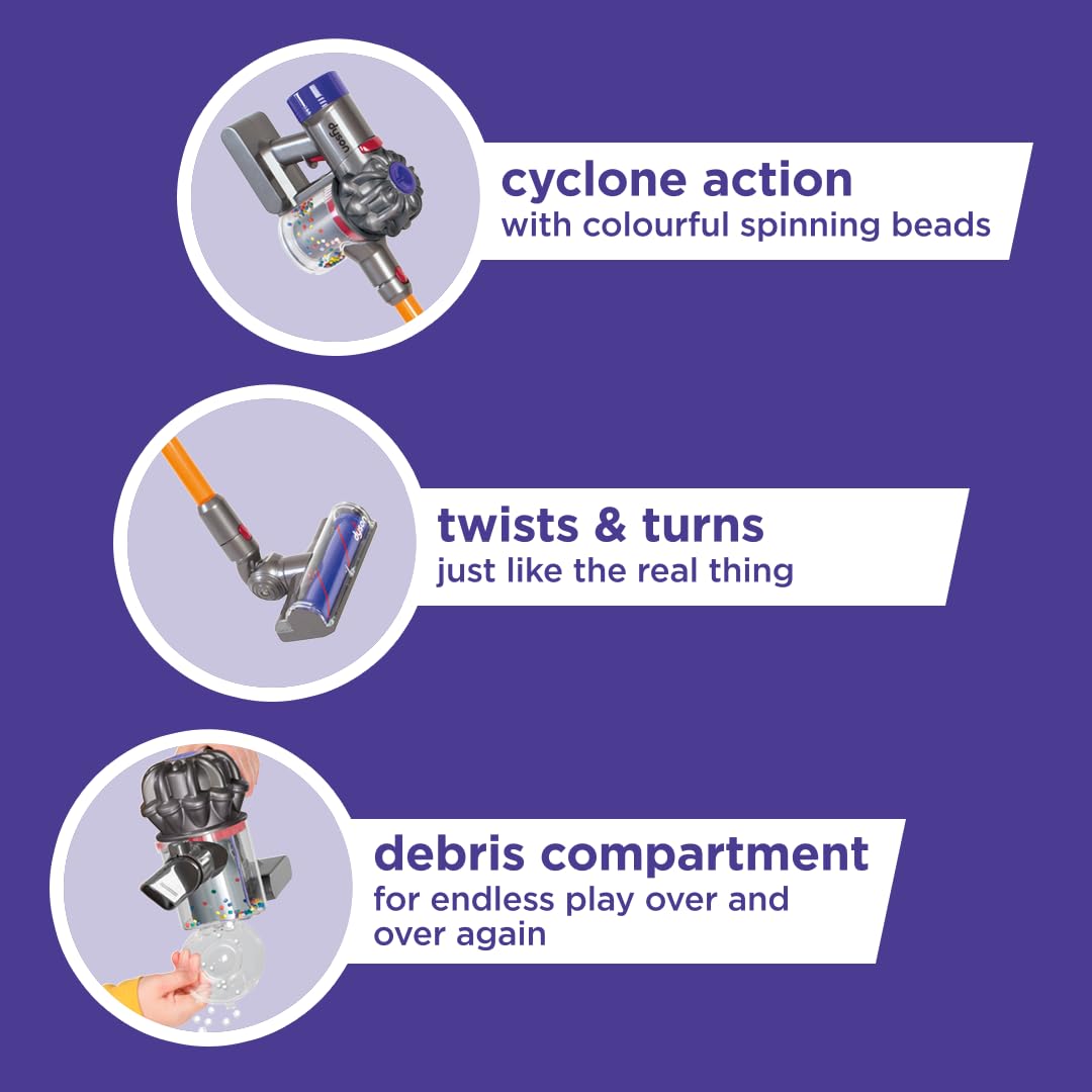 Casdon Dyson Cordless Vacuum Interactive & Officially Licensed Toy Dyson Vacuum For Children Aged 3+ Realistic Role-Play Fun, Purple and Orange 6