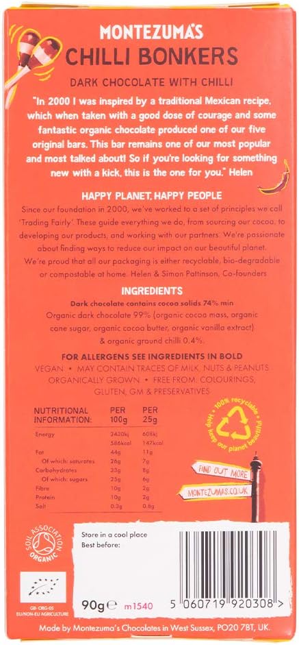 Montezuma's Chilli Bonkers 74% Kakao Zartbitterschokoladentafel mit Bio-Chili – Vegan, Glutenfrei, 90g 6
