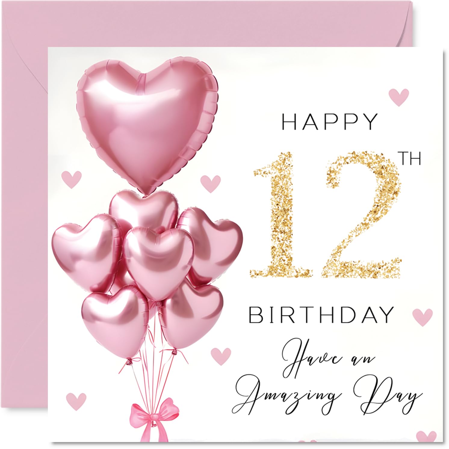 Stuff4 12th Birthday Card for Girls - Pink Glitter Balloons | 145mm x 145mm | Blank Inside 1