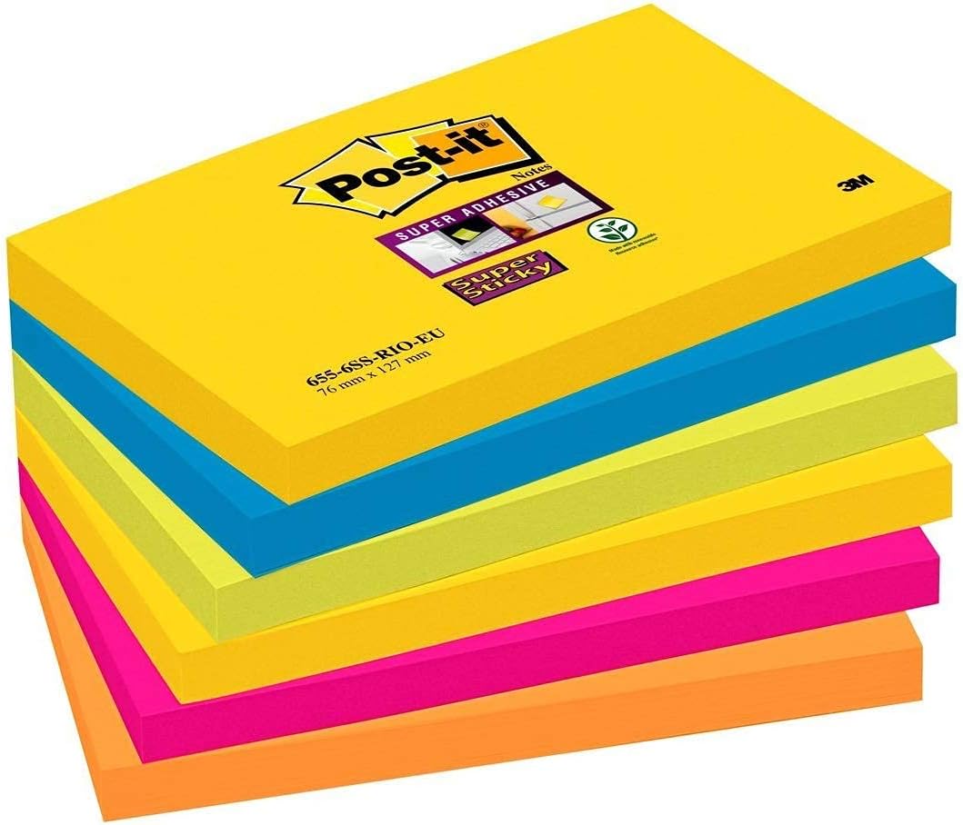 Post-it Notes, Super Sticky Notes Pad, Coloured Notes Rio Collection, Memo Note Pad for Notes Taking and To Do List, 6 Pads of 90 Sheets, Post it Note Large 76 x 127 mm