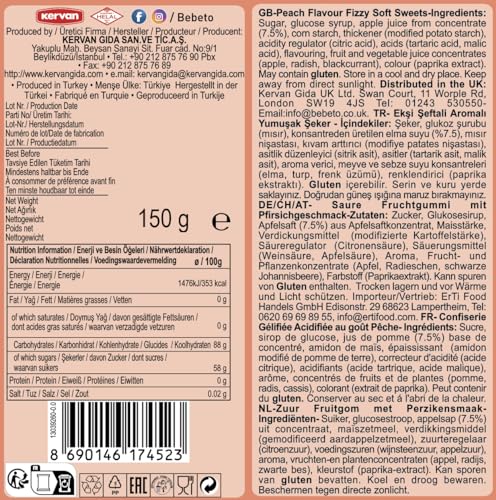 Bebeto Peach Hearts Fizzy Chewy Candy (150g) - Real Fruit Juice, No Artificial Colours