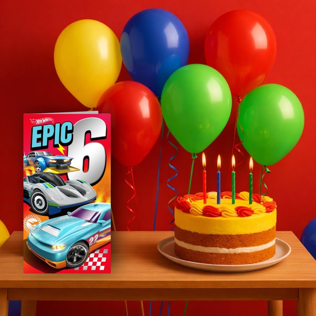 Danilo Promotions LTD Hot Wheels Birthday Card for Age 6 | Premium Card Stock | 22.86 cm x 12.7 cm