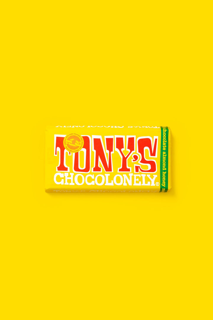 Tony's Chocolonely Milk Chocolate with Almond Honey Nougat Bar - 180g Fairtrade Belgian Chocolate