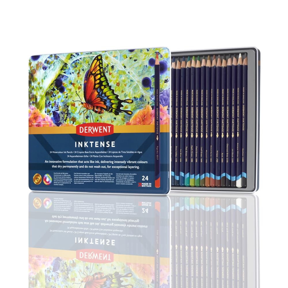 Derwent Inktense Permanent Watercolour Pencils - Set of 24, 4mm Core, Water-Soluble | Professional Quality