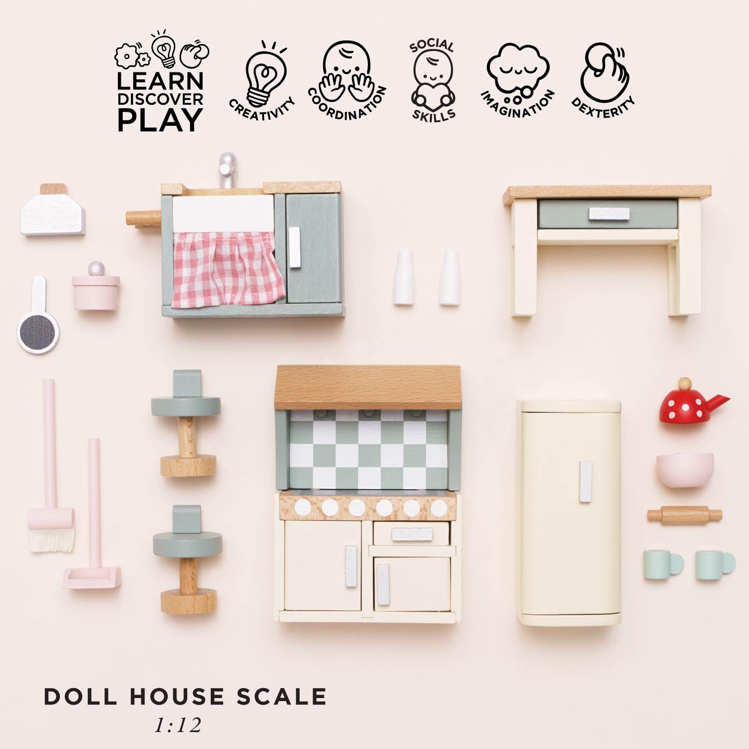 Le Toy Van Wooden Daisylane Kitchen Dolls House Furniture Set | 20 Pieces | Ages 3+ 4