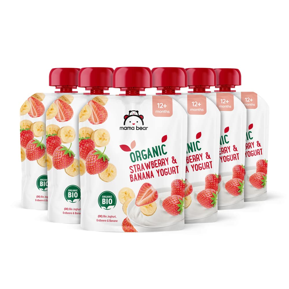 Mama Bear Organic Strawberry & Banana Yogurt Purée, 6 x 90g Pouches 1