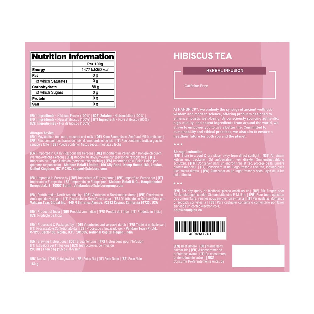 HANDPICK Hibiscus Tea Bags - 100 Count | 100% Pure Herbal Tea | Brew Hot or Iced | Carbon-Neutral & Plastic-Neutral