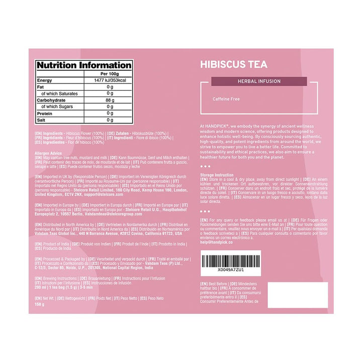 HANDPICK Hibiscus Tea Bags - 100 Count | 100% Pure Herbal Tea | Brew Hot or Iced | Carbon-Neutral & Plastic-Neutral