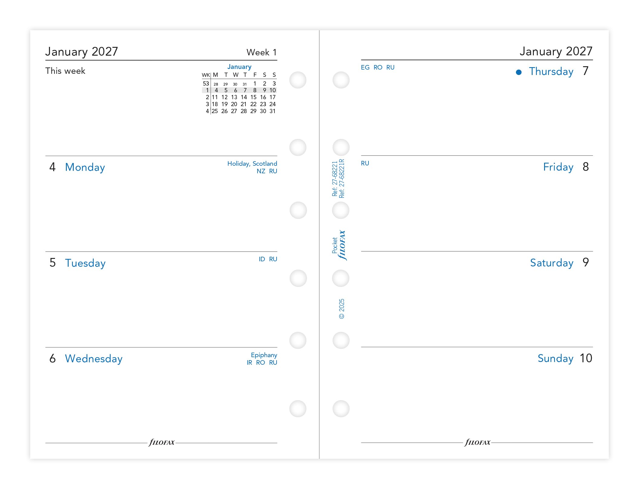 Filofax Pocket 2027 Diary Refill - Week on Two Pages | English | 81mm x 120mm