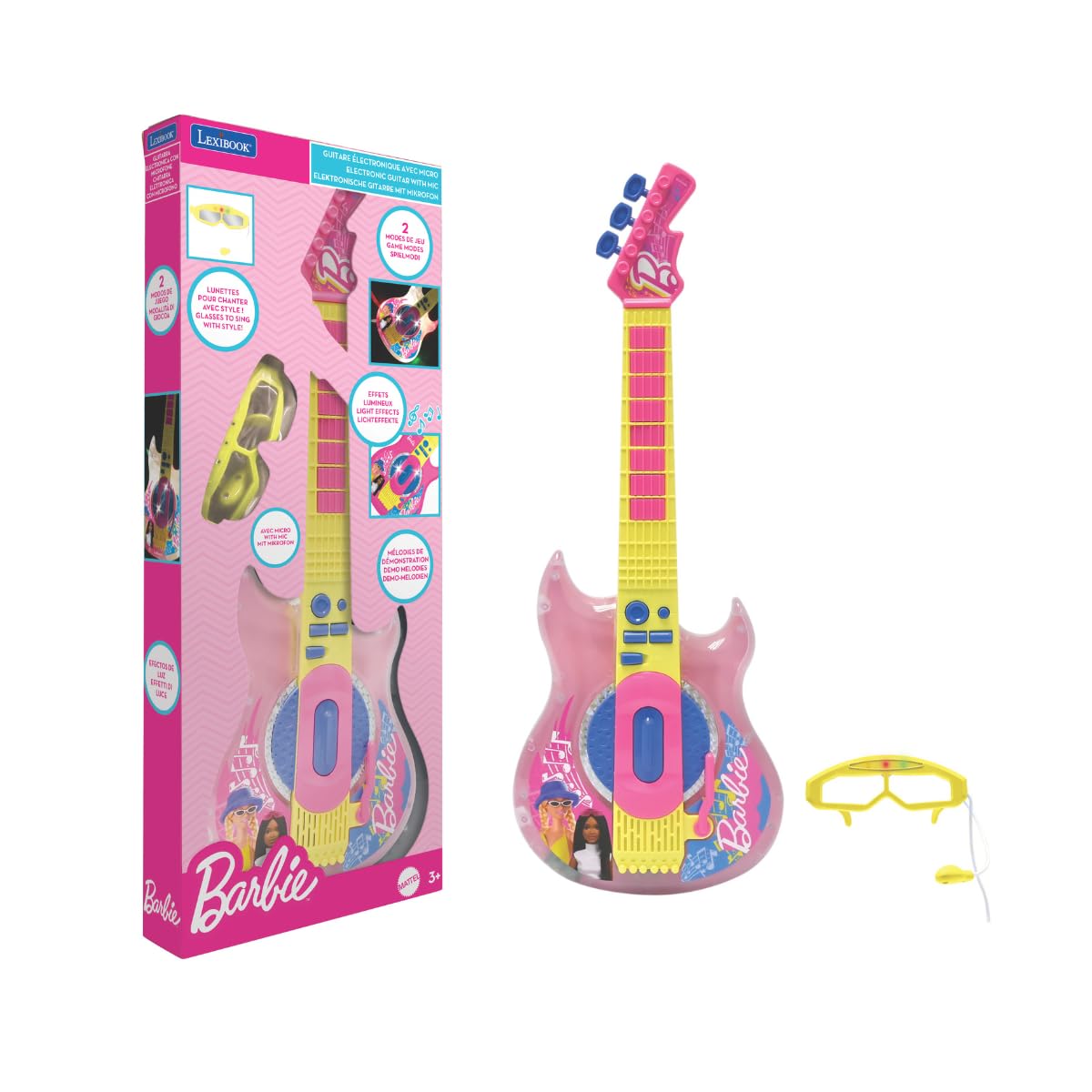 Barbie Electronic Guitar with Microphone & Glasses - 2 Play Modes, Light Effects, Pink/Yellow 1