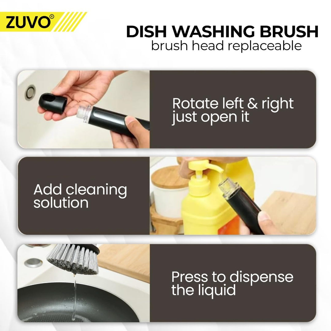 Zuvo - Soap Dispensing Scrubbing Brush with Handle for Kitchen Cleaning