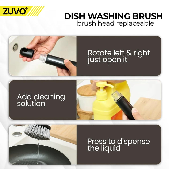 Zuvo - Soap Dispensing Scrubbing Brush with Handle for Kitchen Cleaning