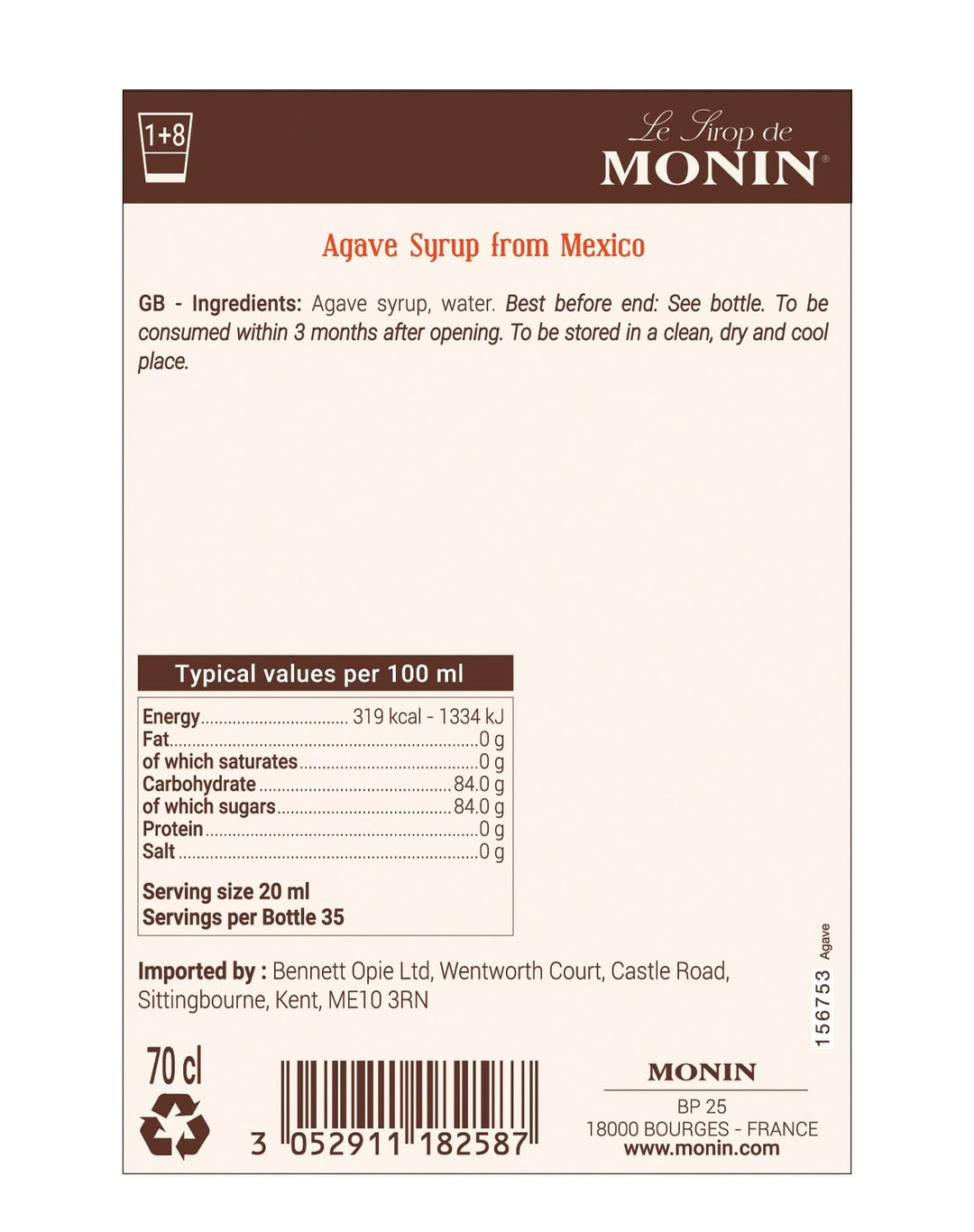 MONIN Premium Agave Syrup 700 ml - Vegan-Friendly Sweetener for Cocktails, Coffee & Mocktails